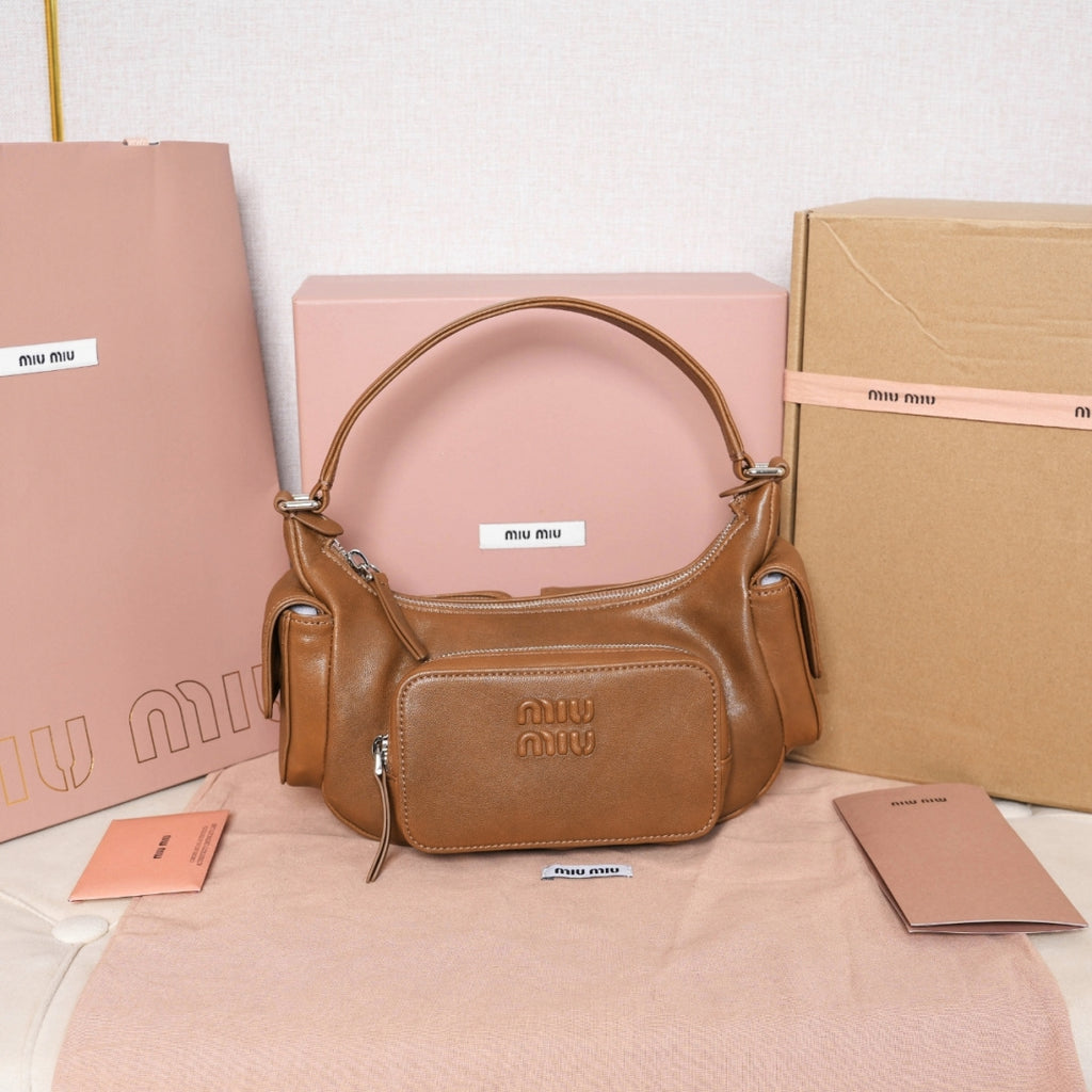 Miu Miu Leather Double Pocket Hobo Bag – Cognac
