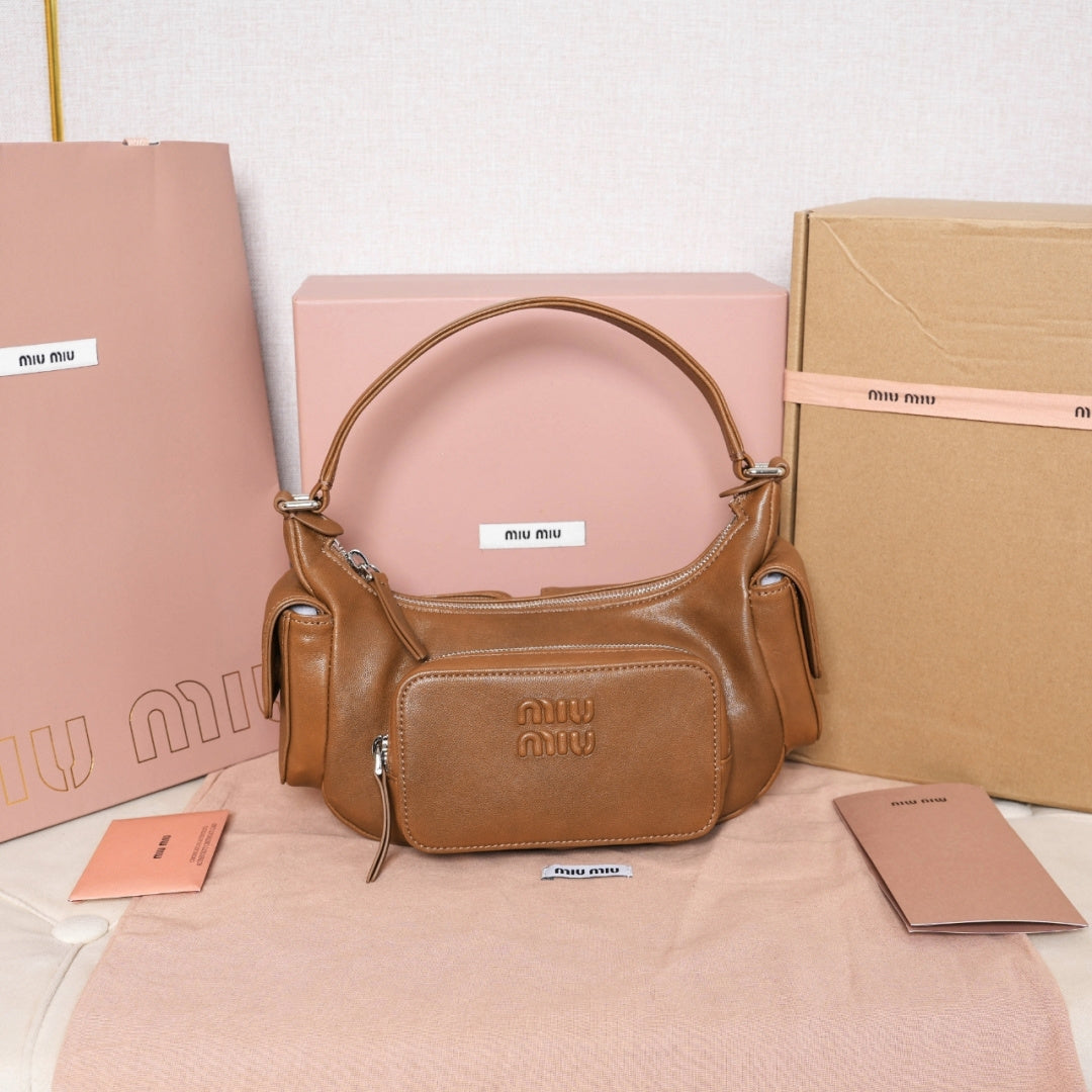Miu Miu Leather Double Pocket Hobo Bag – Cognac