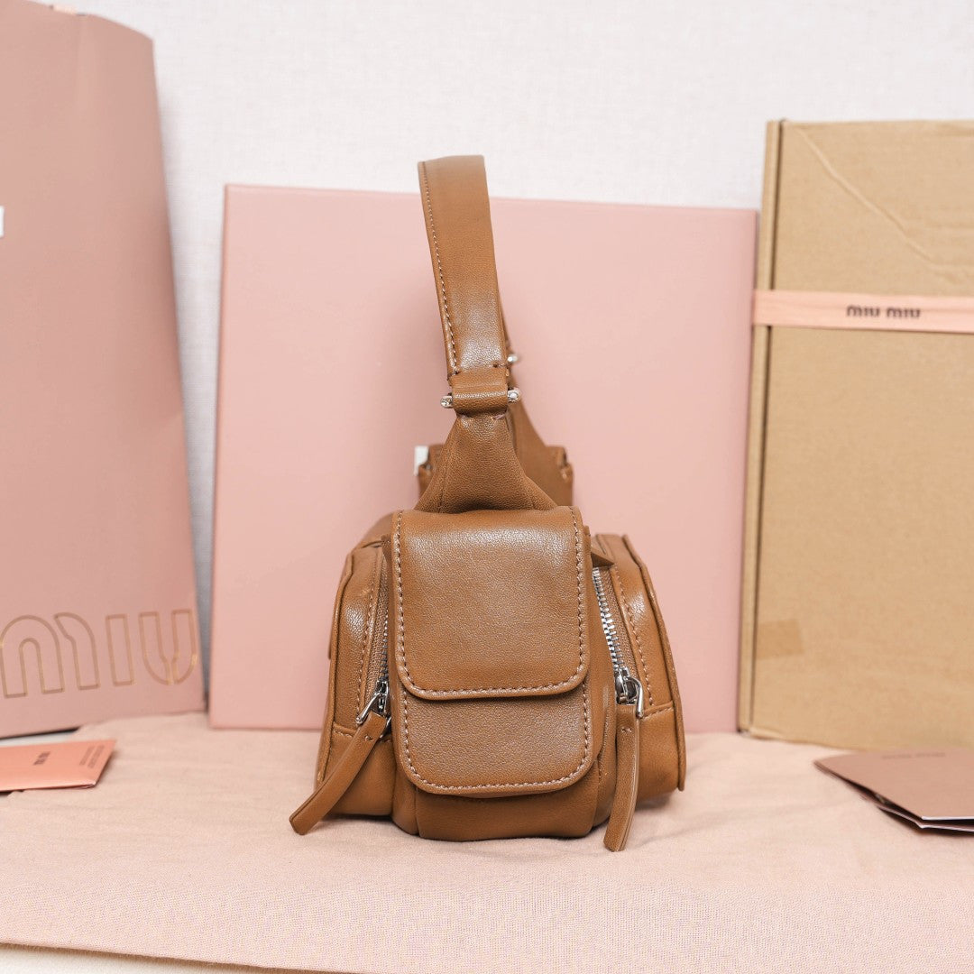 Miu Miu Leather Double Pocket Hobo Bag – Cognac
