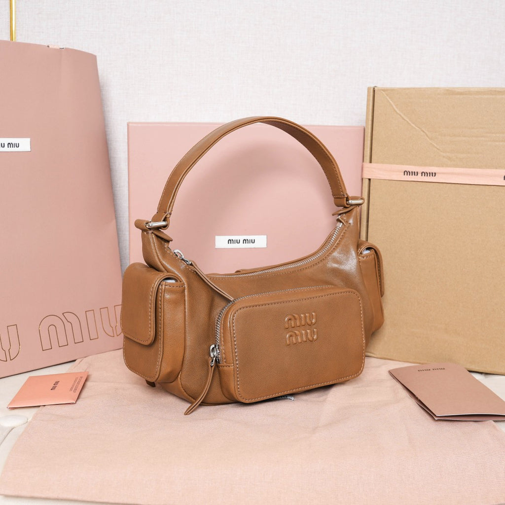 Miu Miu Leather Double Pocket Hobo Bag – Cognac