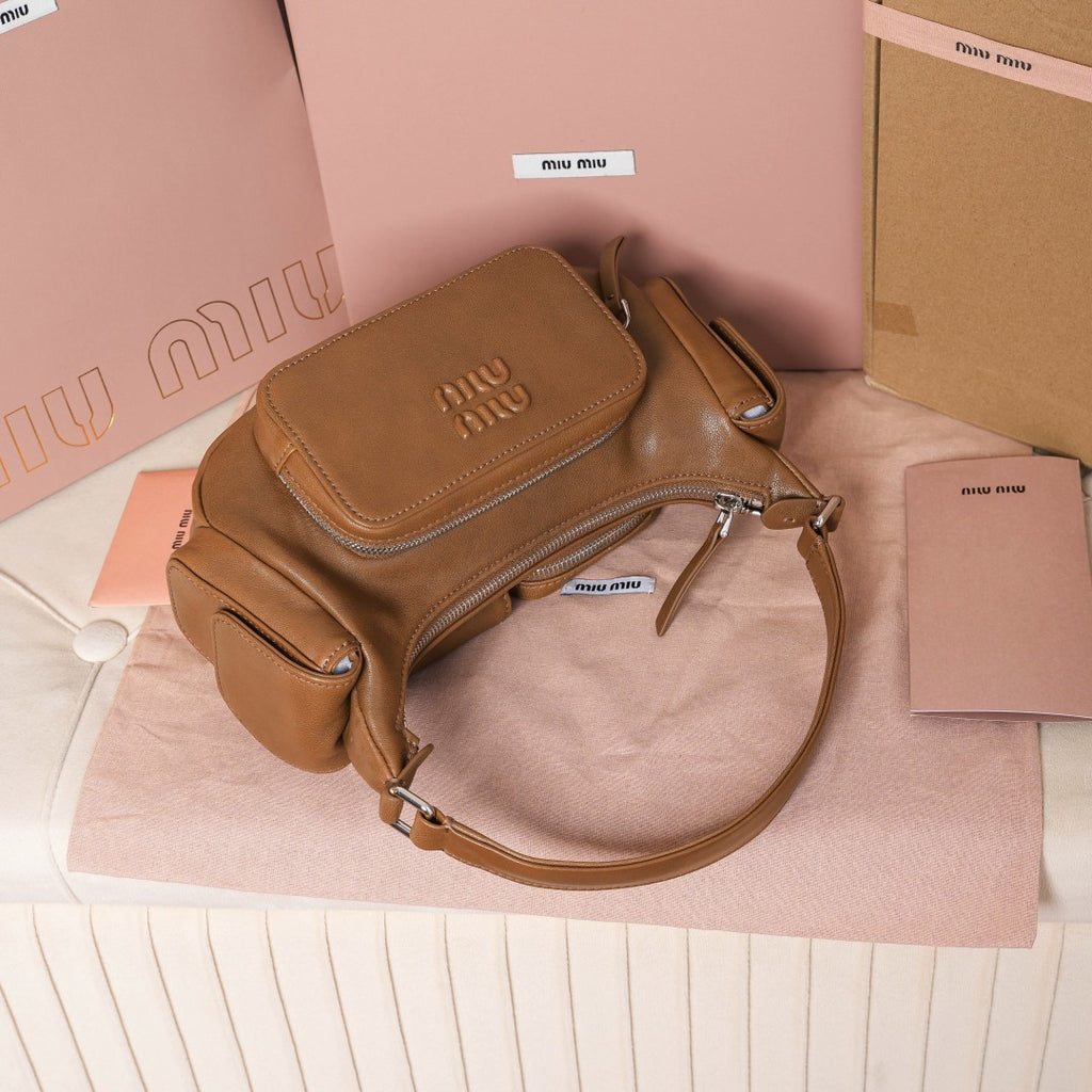 Miu Miu Leather Double Pocket Hobo Bag – Cognac