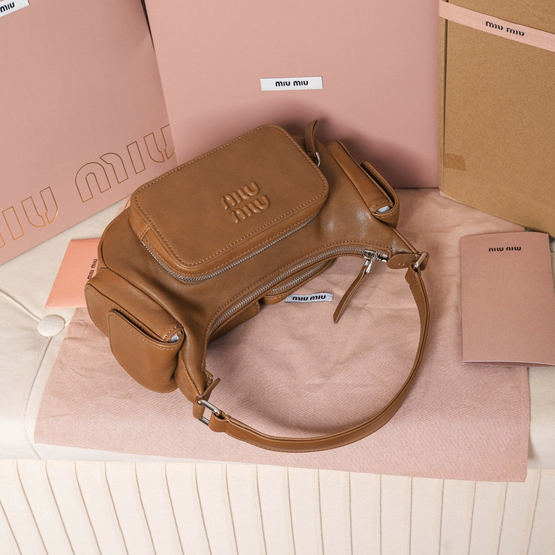 Miu Miu Leather Double Pocket Hobo Bag – Cognac
