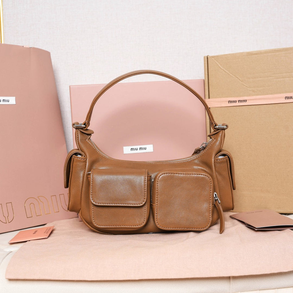 Miu Miu Leather Double Pocket Hobo Bag – Cognac