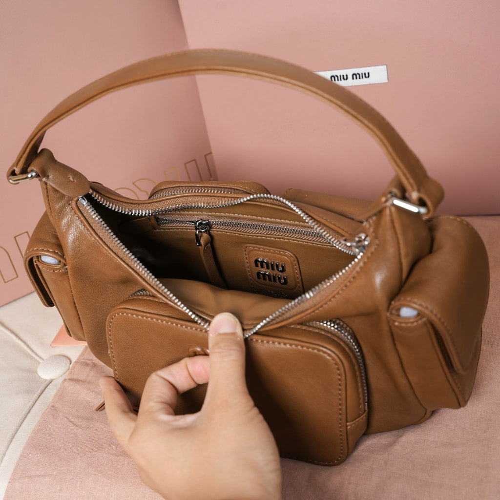 Miu Miu Leather Double Pocket Hobo Bag – Cognac