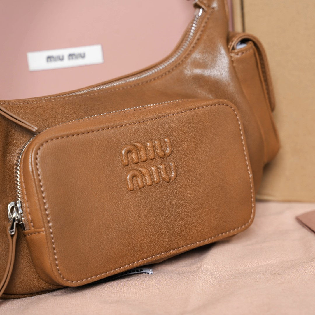 Miu Miu Leather Double Pocket Hobo Bag – Cognac