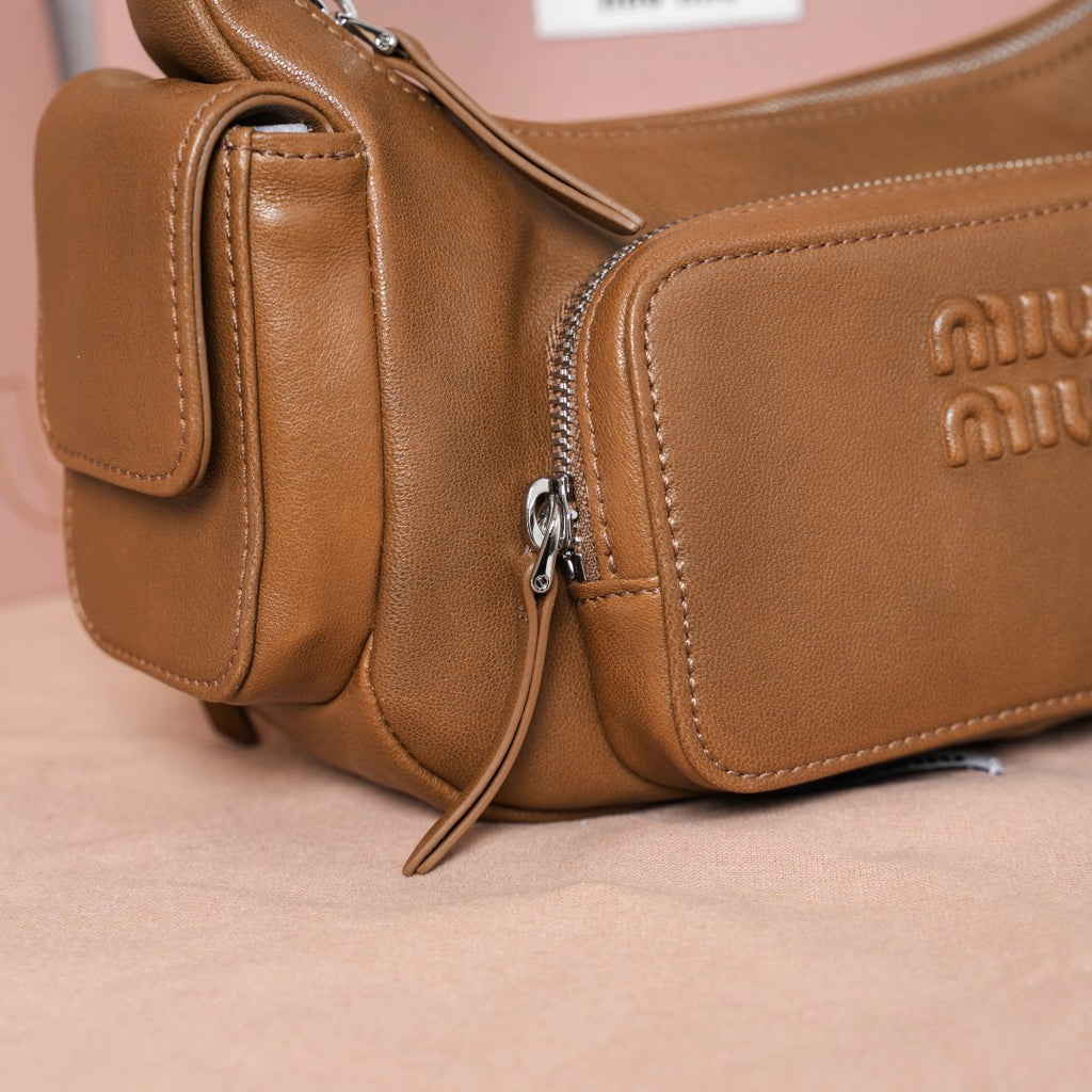 Miu Miu Leather Double Pocket Hobo Bag – Cognac