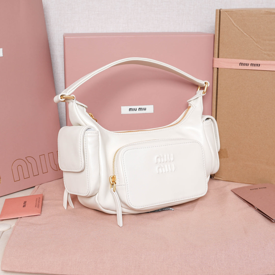 Miu Miu Leather Double Pocket Hobo Bag – White