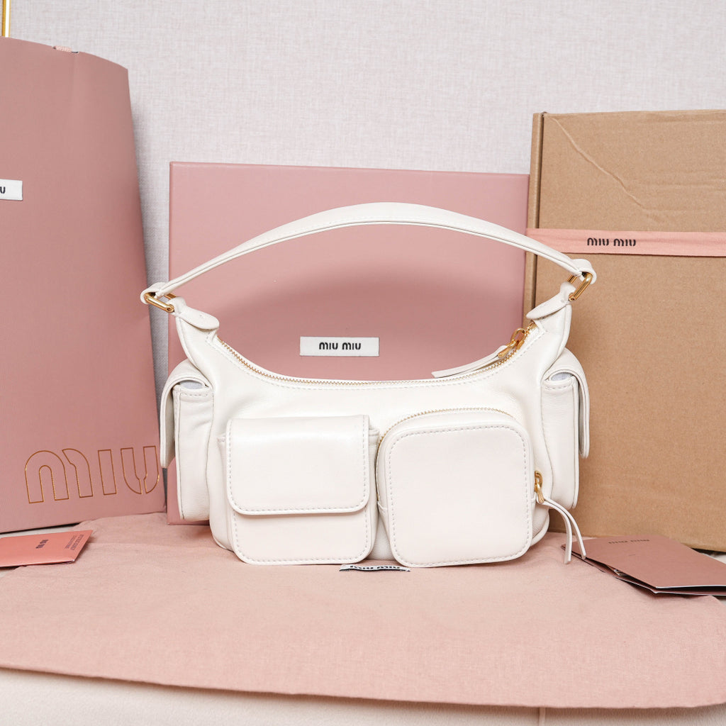 Miu Miu Leather Double Pocket Hobo Bag – White