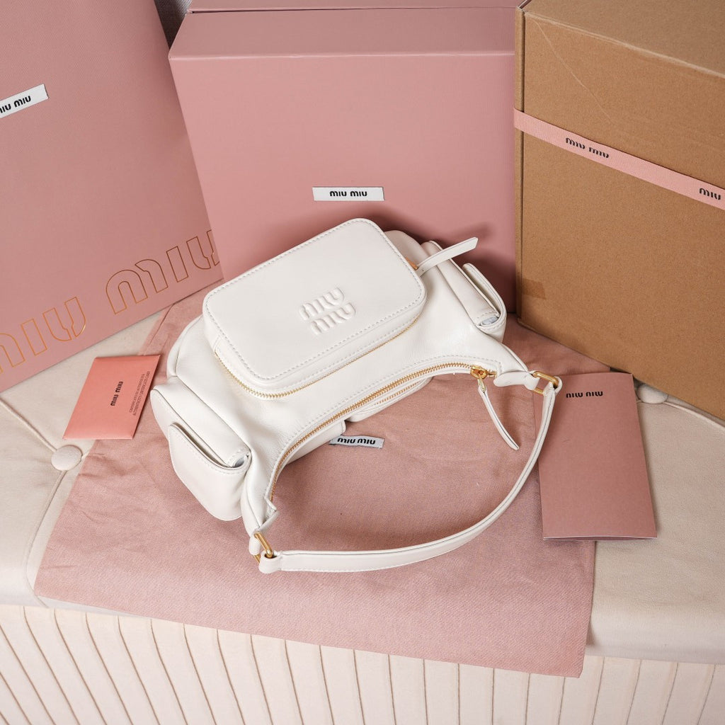 Miu Miu Leather Double Pocket Hobo Bag – White