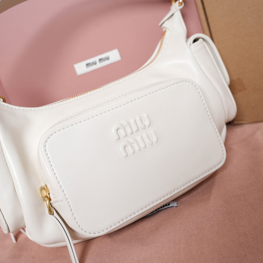 Miu Miu Leather Double Pocket Hobo Bag – White