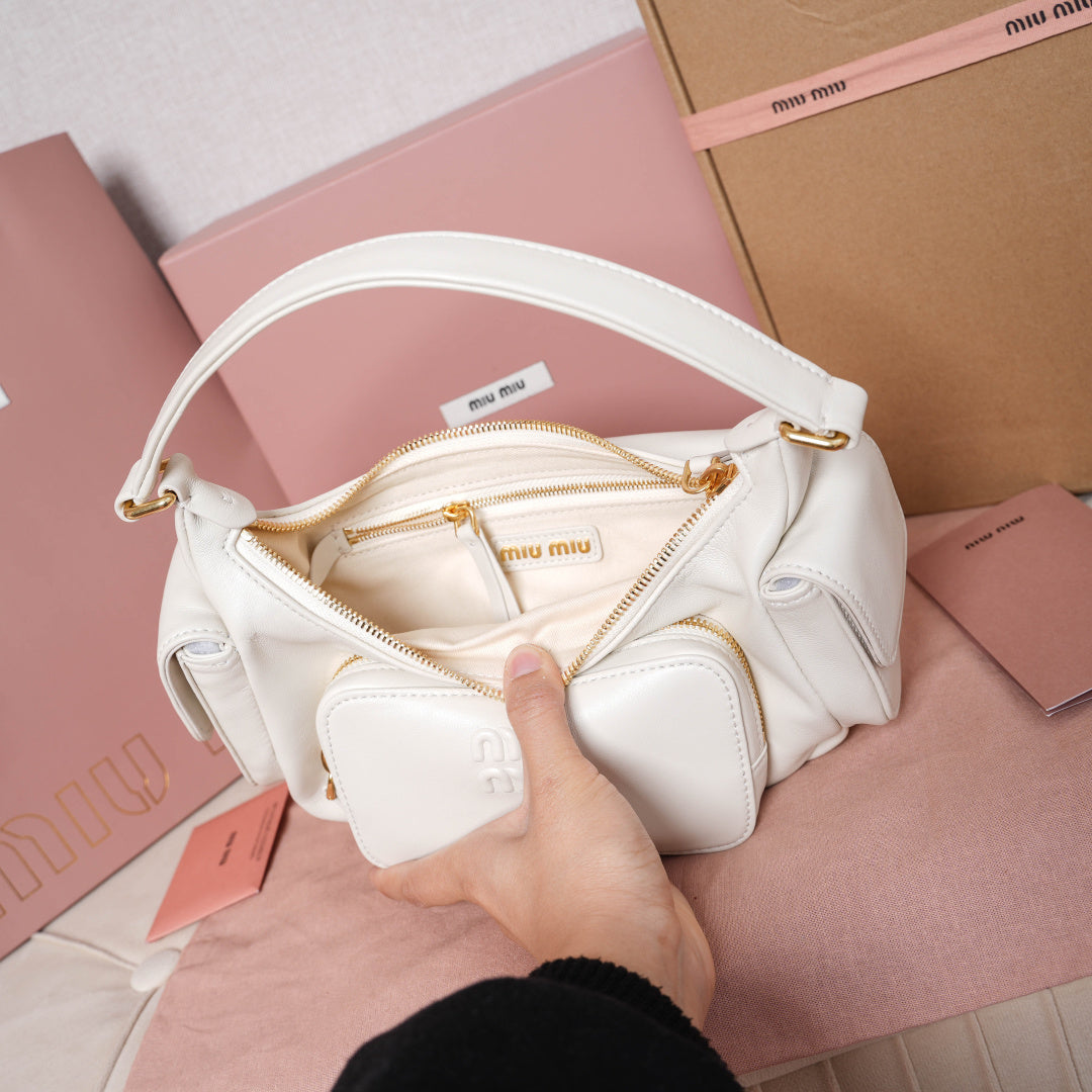 Miu Miu Leather Double Pocket Hobo Bag – White