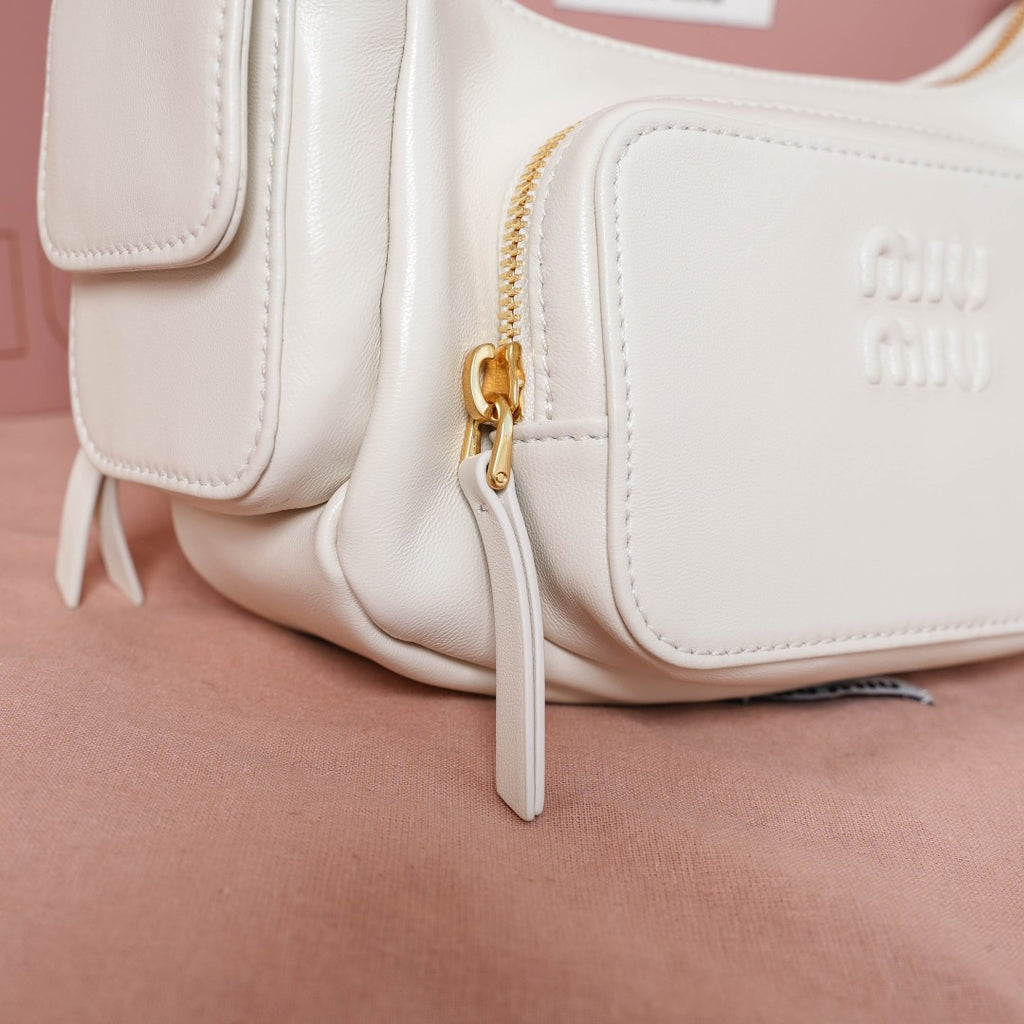Miu Miu Leather Double Pocket Hobo Bag – White