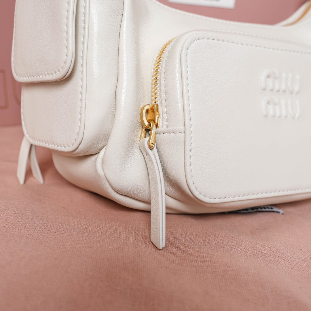 Miu Miu Leather Double Pocket Hobo Bag – White