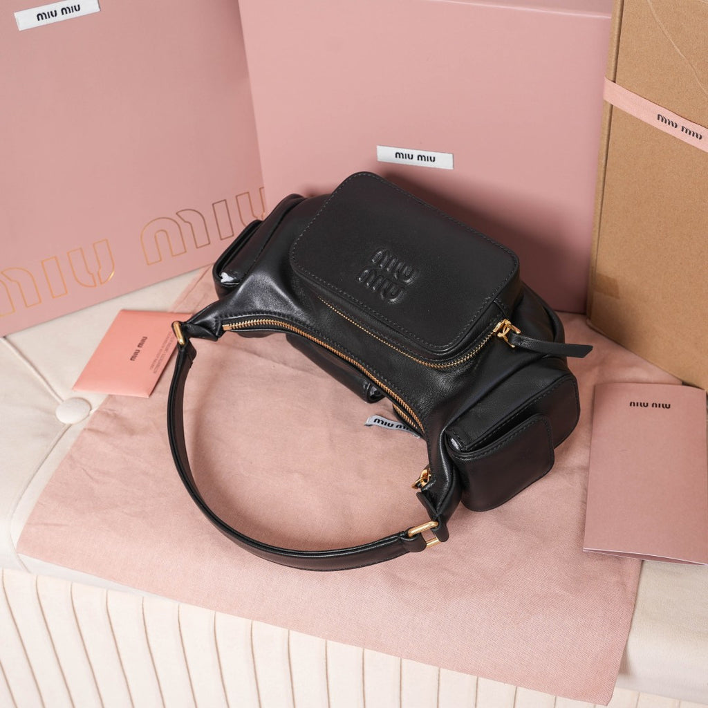 Miu Miu Leather Double Pocket Hobo Bag – Black