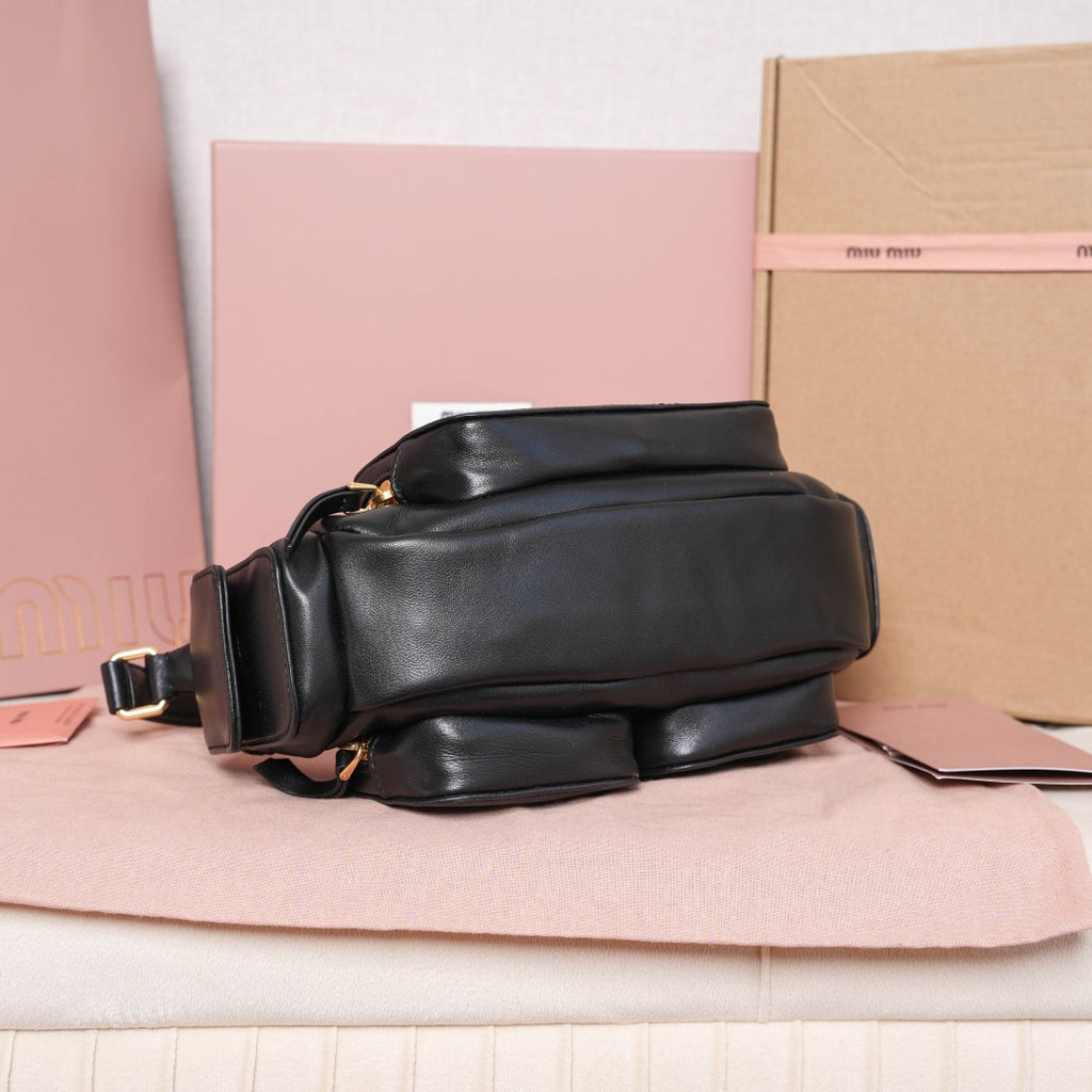 Miu Miu Leather Double Pocket Hobo Bag – Black