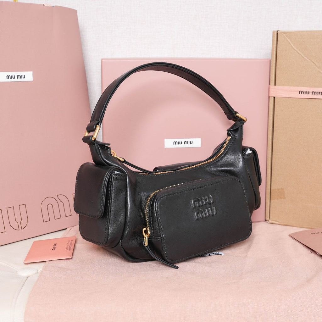 Miu Miu Leather Double Pocket Hobo Bag – Black