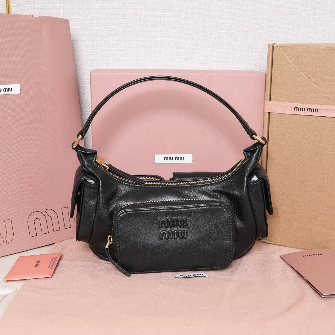 Miu Miu Leather Double Pocket Hobo Bag – Black