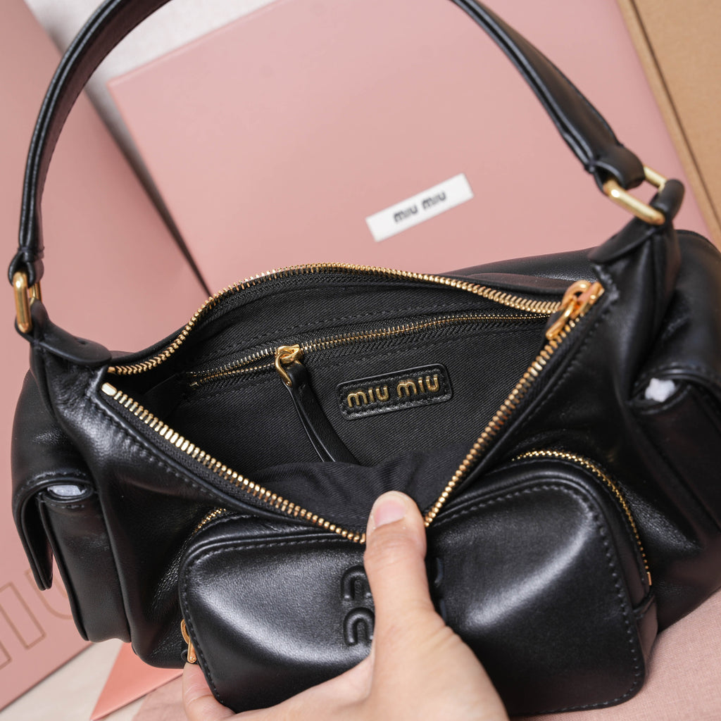 Miu Miu Leather Double Pocket Hobo Bag – Black