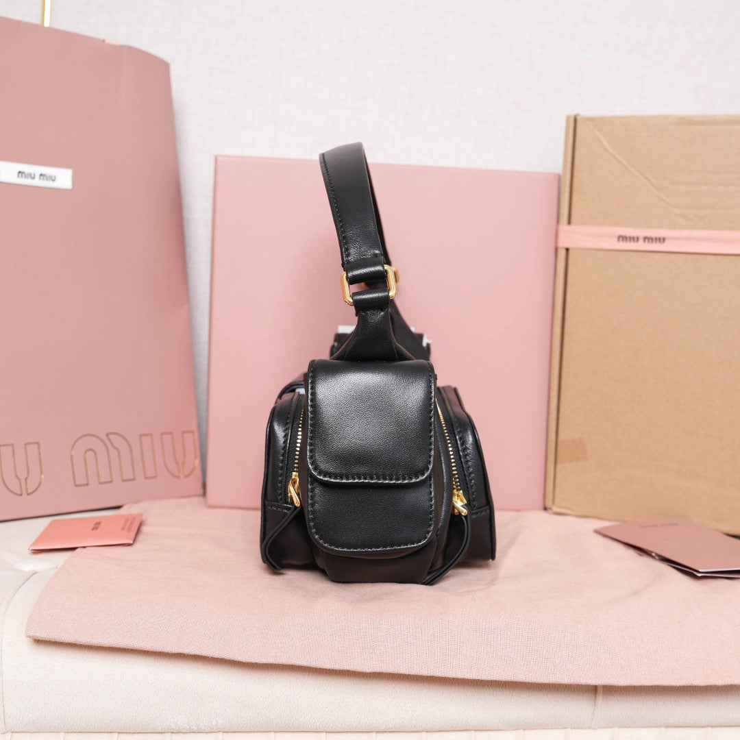 Miu Miu Leather Double Pocket Hobo Bag – Black