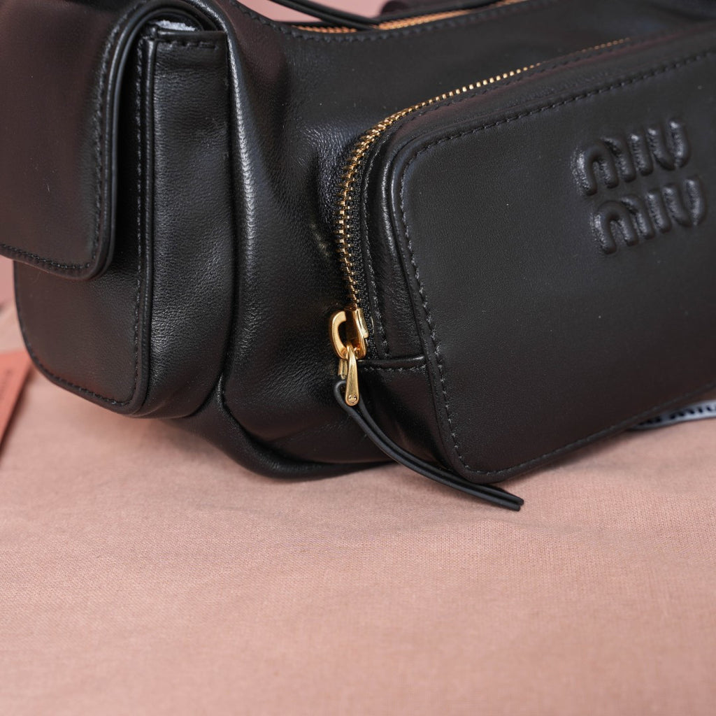 Miu Miu Leather Double Pocket Hobo Bag – Black