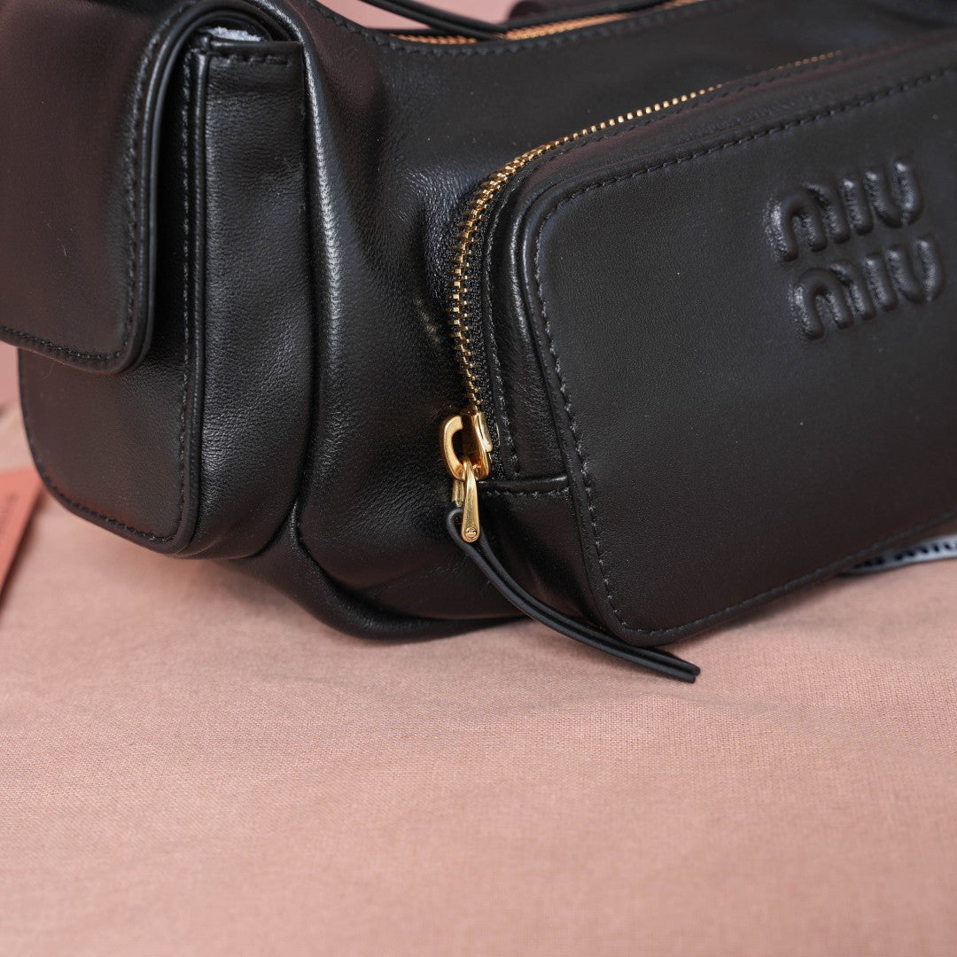 Miu Miu Leather Double Pocket Hobo Bag – Black