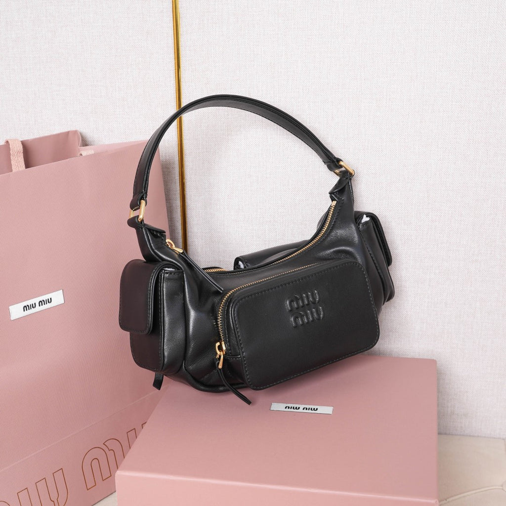 Miu Miu Leather Double Pocket Hobo Bag – Black