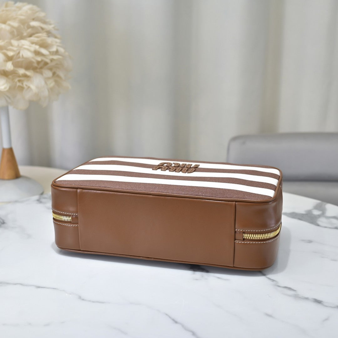 Miu Miu Striped Canvas Box Top Handle Bag – Brown & White