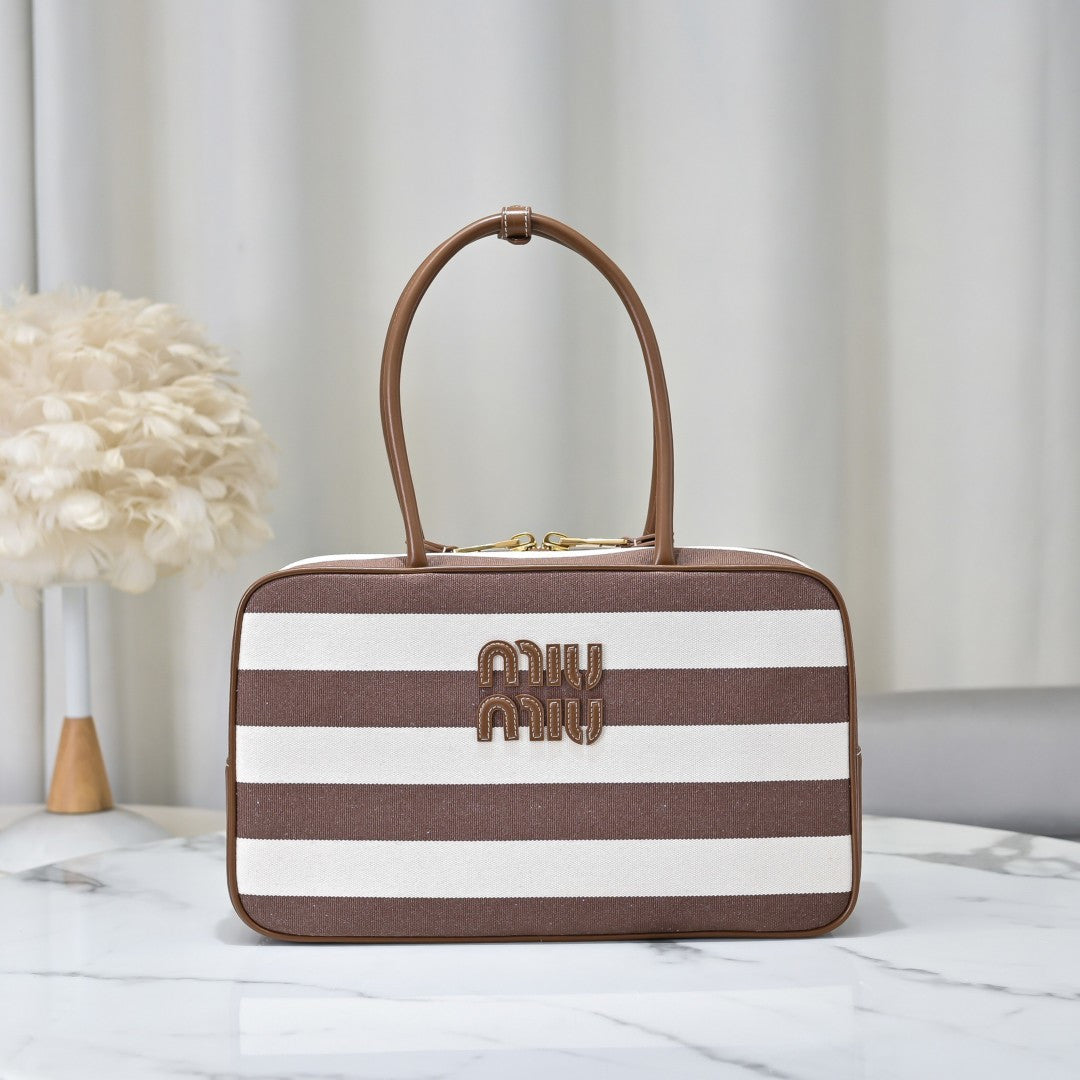 Miu Miu Striped Canvas Box Top Handle Bag – Brown & White