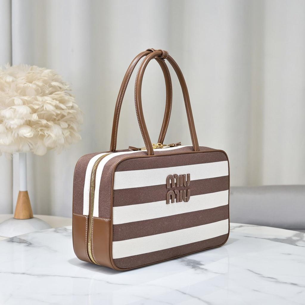 Miu Miu Striped Canvas Box Top Handle Bag – Brown & White