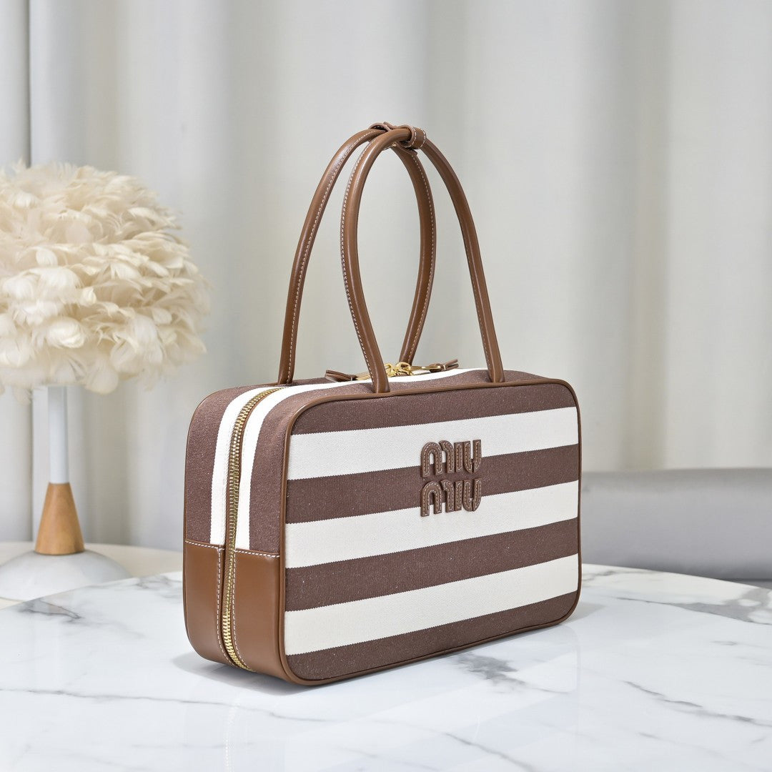 Miu Miu Striped Canvas Box Top Handle Bag – Brown & White