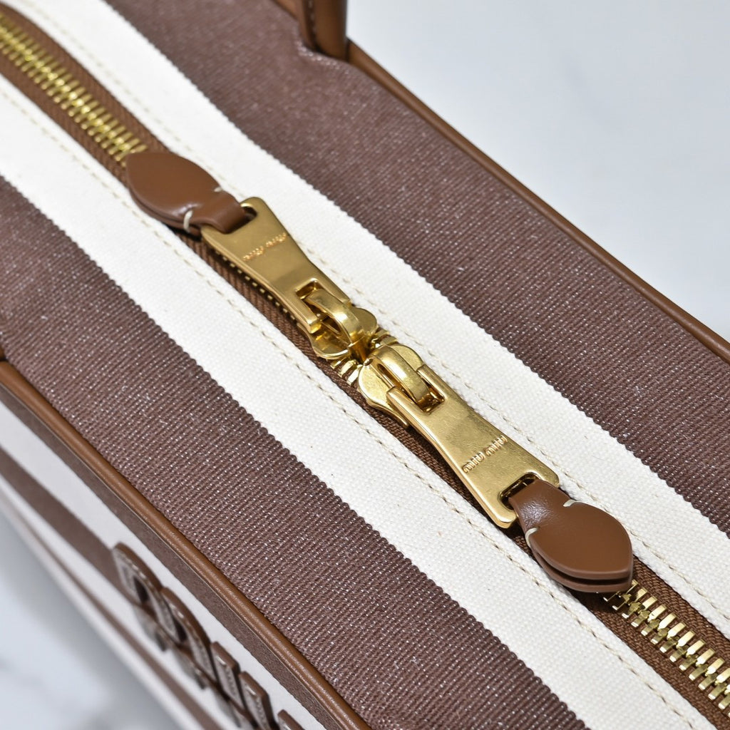 Miu Miu Striped Canvas Box Top Handle Bag – Brown & White