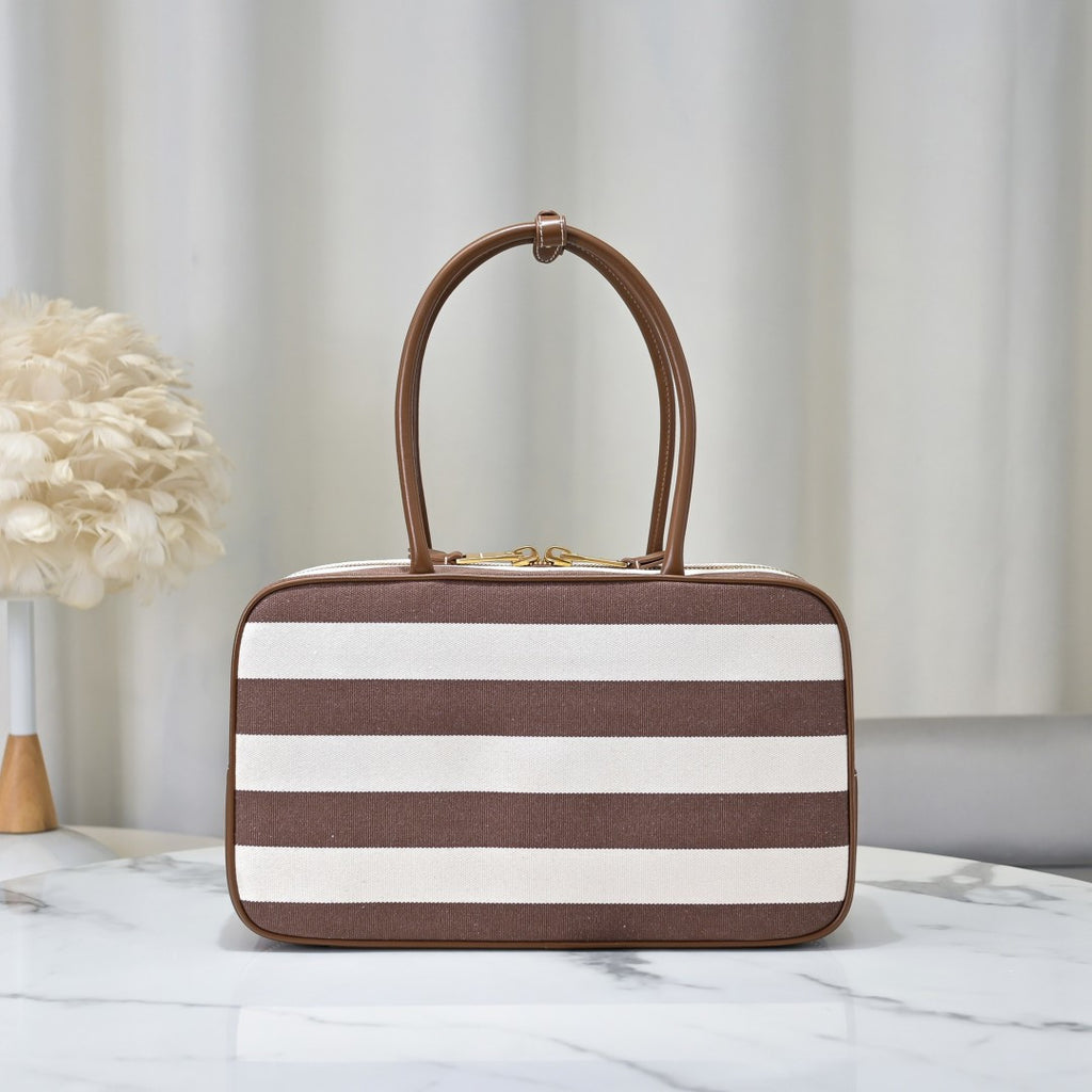 Miu Miu Striped Canvas Box Top Handle Bag – Brown & White