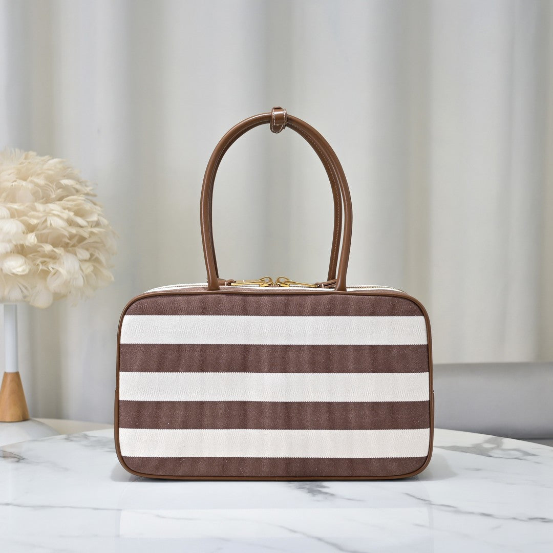 Miu Miu Striped Canvas Box Top Handle Bag – Brown & White