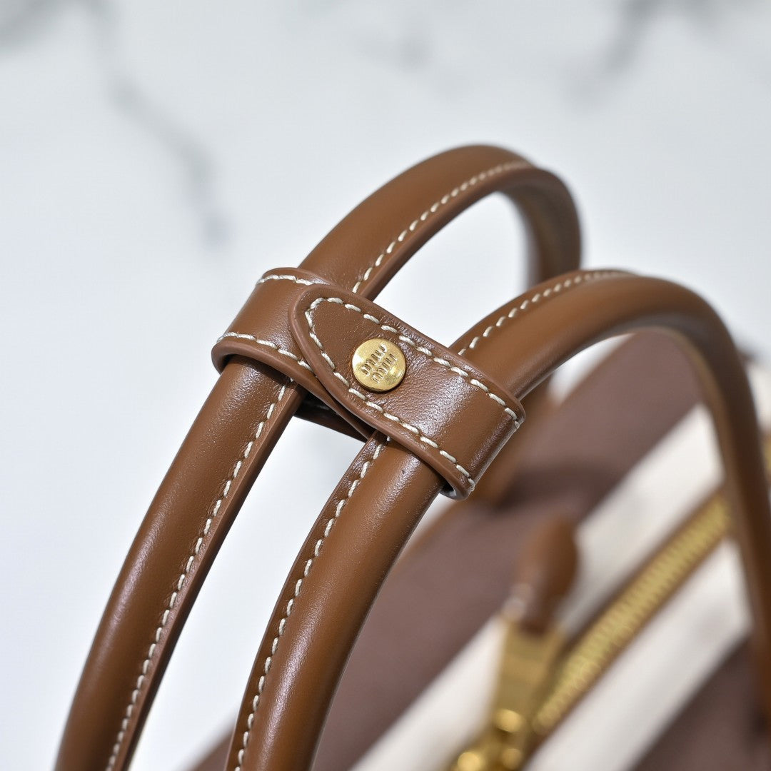 Miu Miu Striped Canvas Box Top Handle Bag – Brown & White