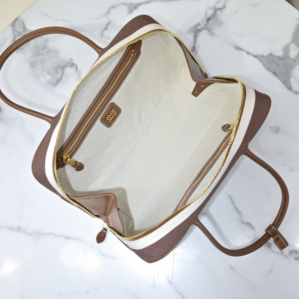 Miu Miu Striped Canvas Box Top Handle Bag – Brown & White
