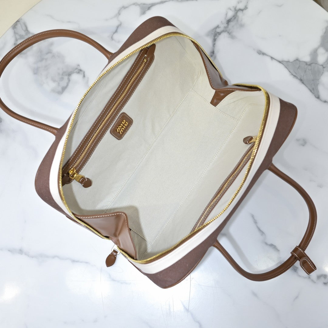 Miu Miu Striped Canvas Box Top Handle Bag – Brown & White