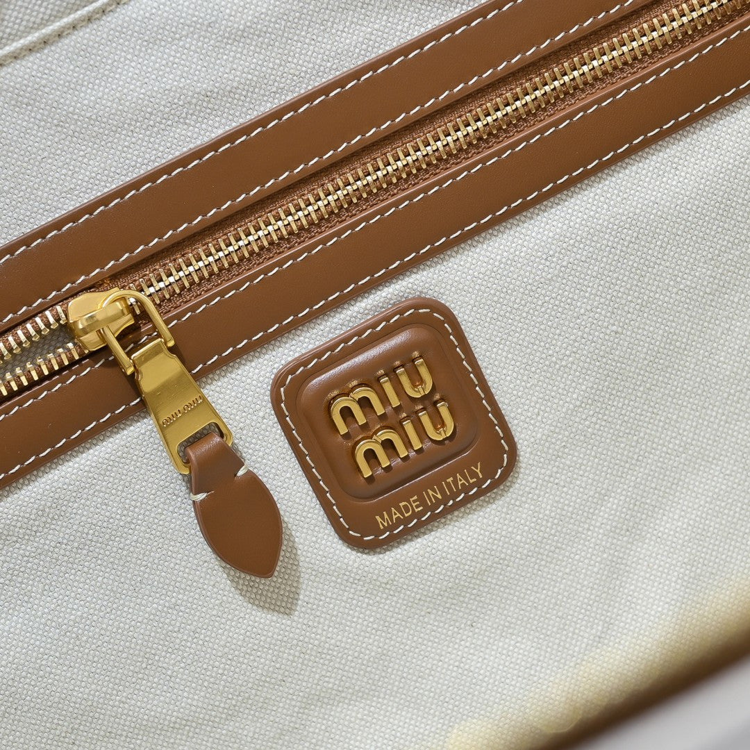 Miu Miu Striped Canvas Box Top Handle Bag – Brown & White