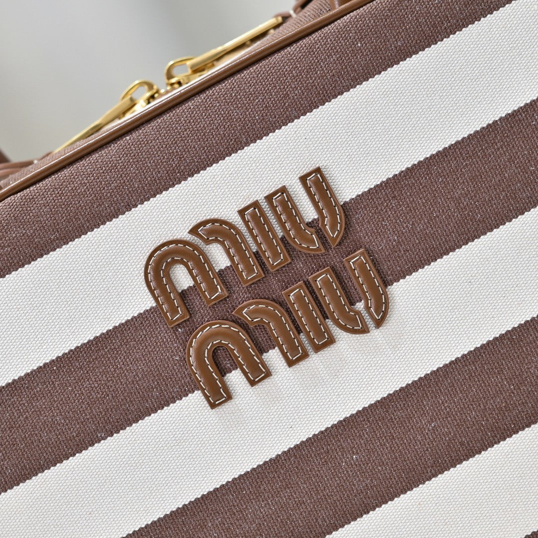 Miu Miu Striped Canvas Box Top Handle Bag – Brown & White