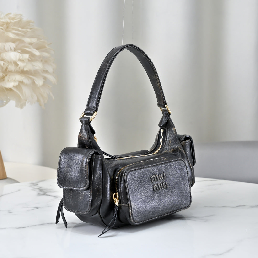 Miu Miu Leather Pocket Hobo Bag – Black