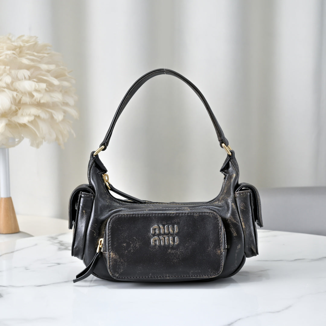 Miu Miu Leather Pocket Hobo Bag – Black