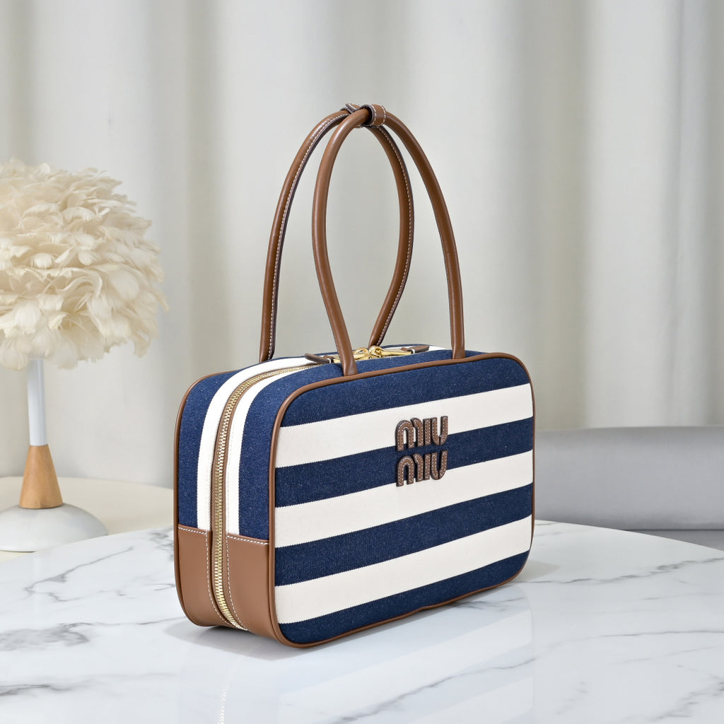 Miu Miu Striped Canvas Box Top Handle Bag – Navy & White
