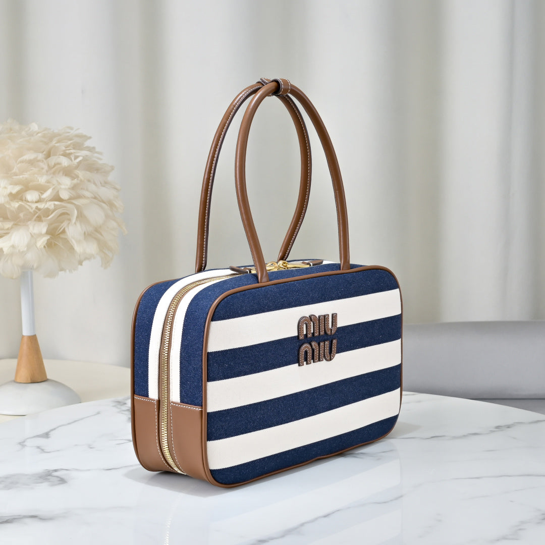 Miu Miu Striped Canvas Box Top Handle Bag – Navy & White