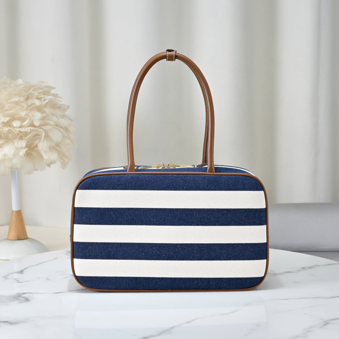 Miu Miu Striped Canvas Box Top Handle Bag – Navy & White
