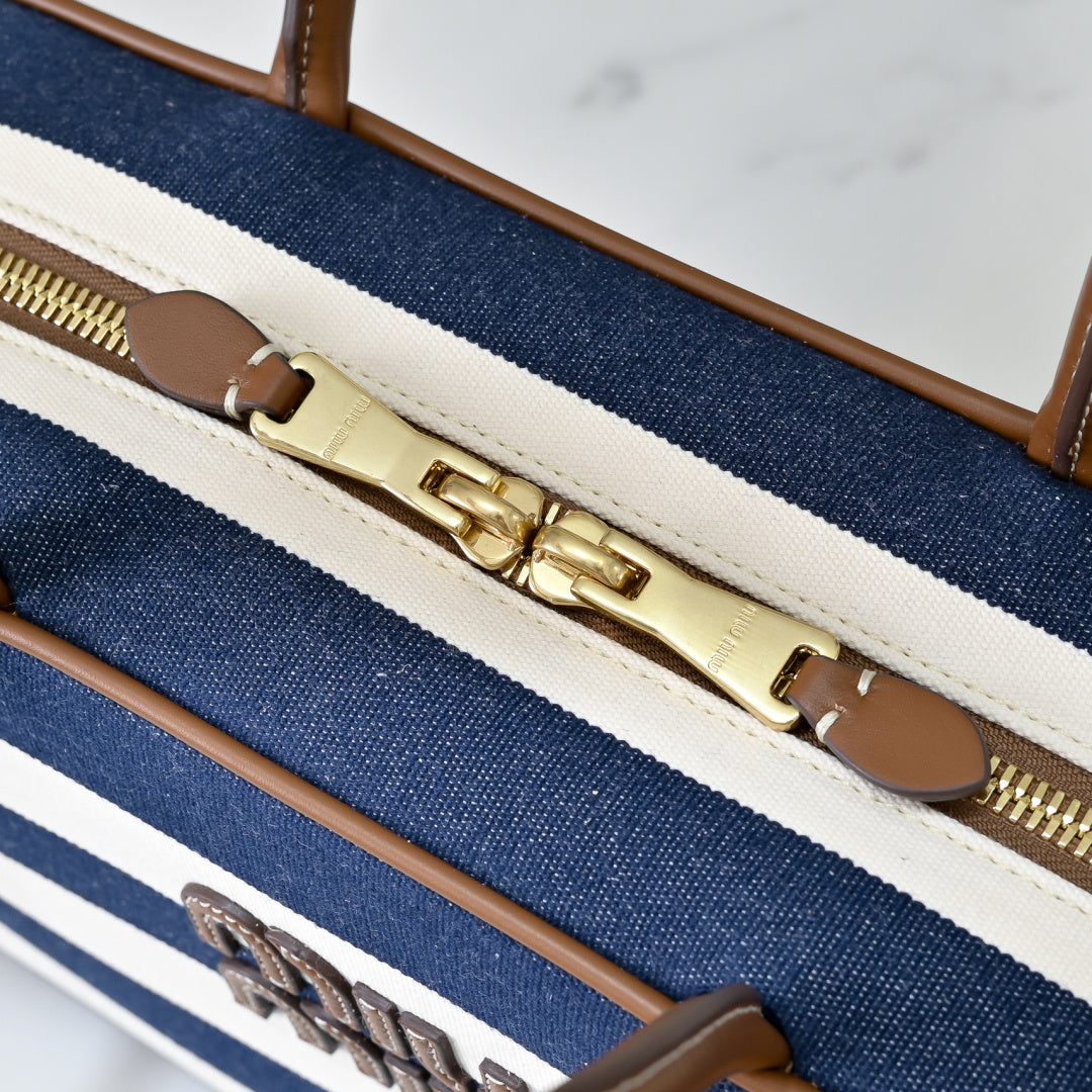Miu Miu Striped Canvas Box Top Handle Bag – Navy & White