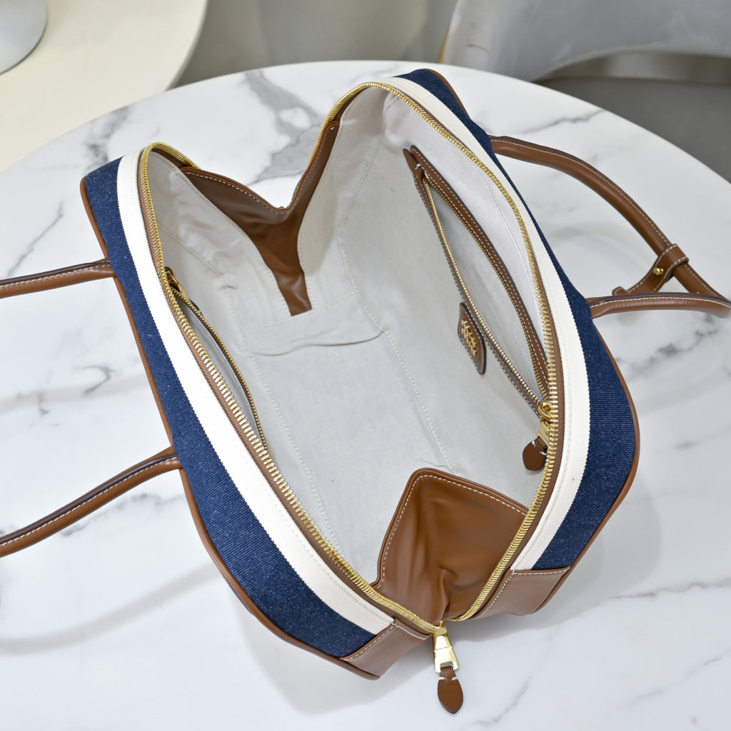 Miu Miu Striped Canvas Box Top Handle Bag – Navy & White