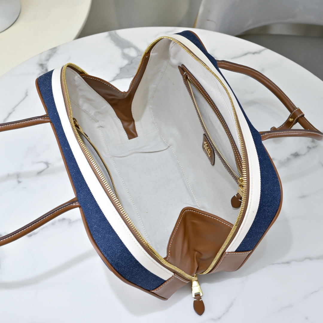 Miu Miu Striped Canvas Box Top Handle Bag – Navy & White