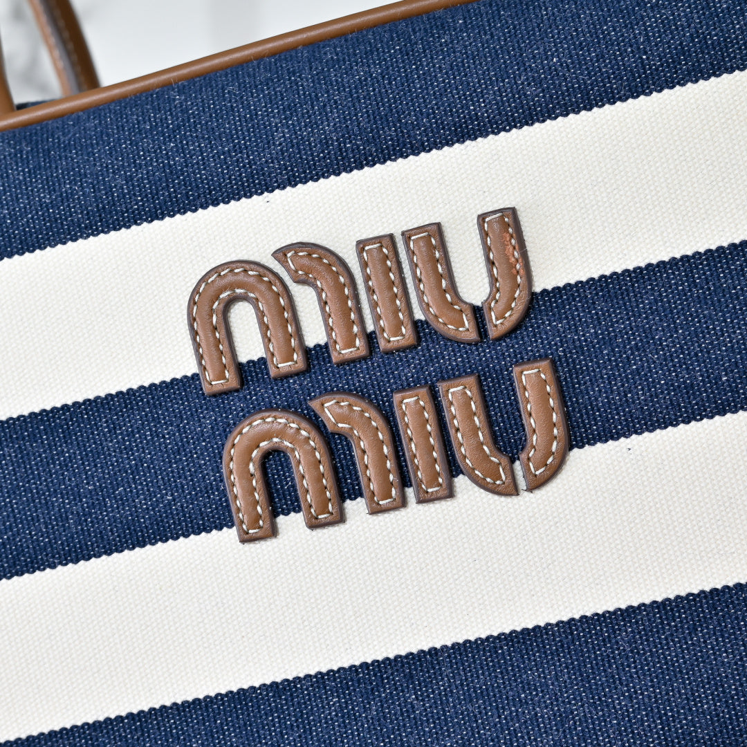 Miu Miu Striped Canvas Box Top Handle Bag – Navy & White