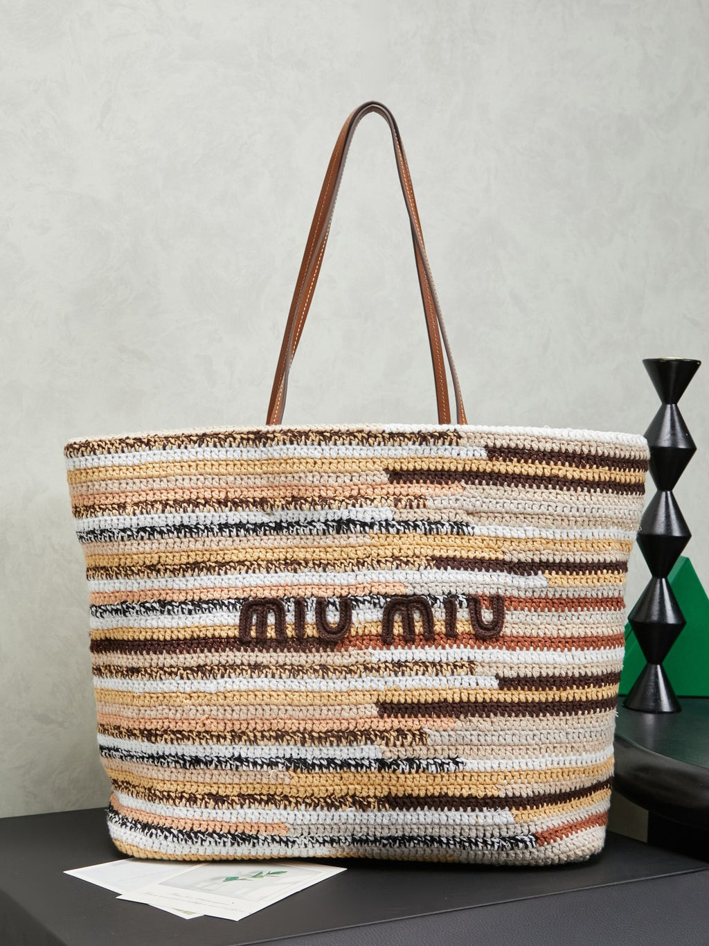 Miu Miu Woven Tote Bag – Beige Brown White