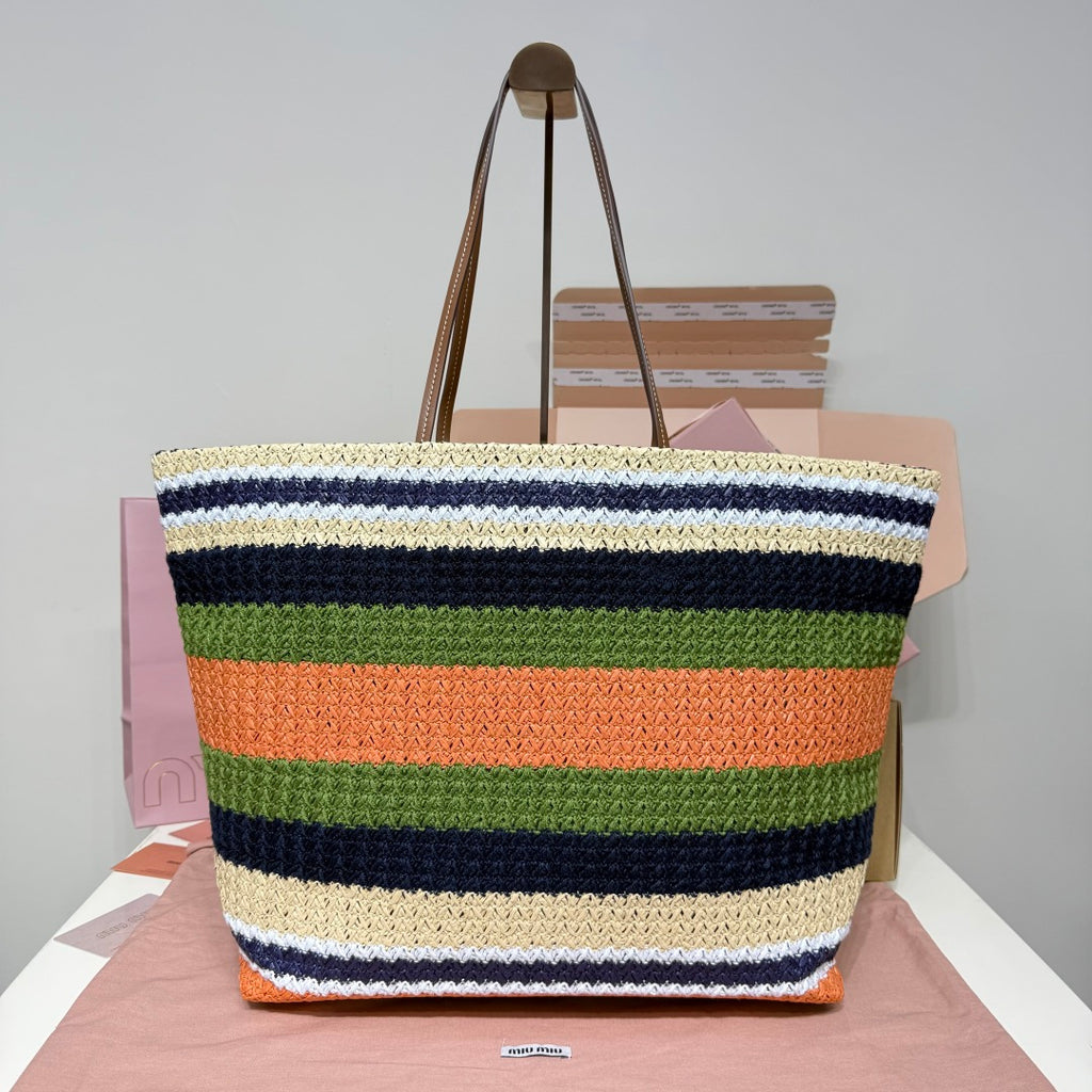 Miu Miu Striped Woven Tote Bag – Green & Orange