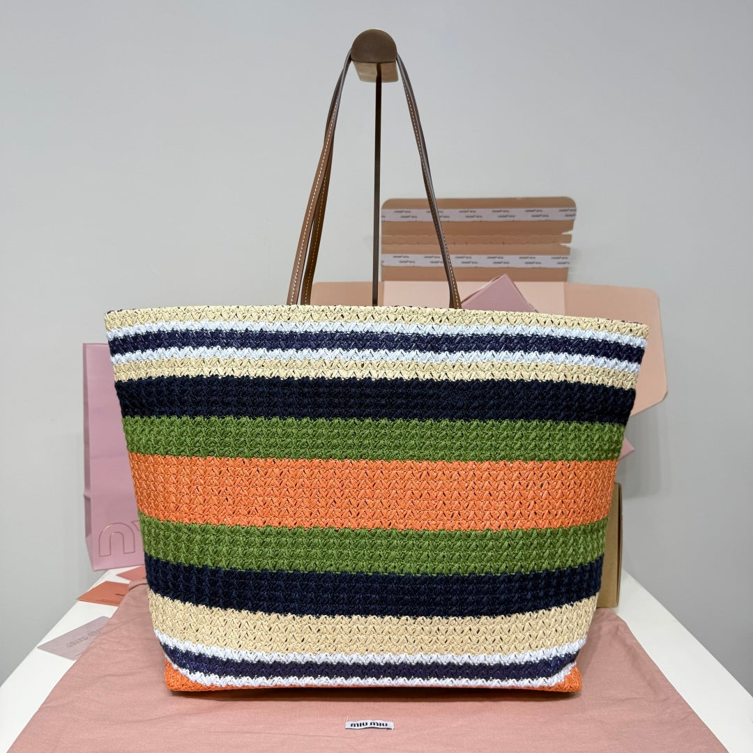 Miu Miu Striped Woven Tote Bag – Green & Orange